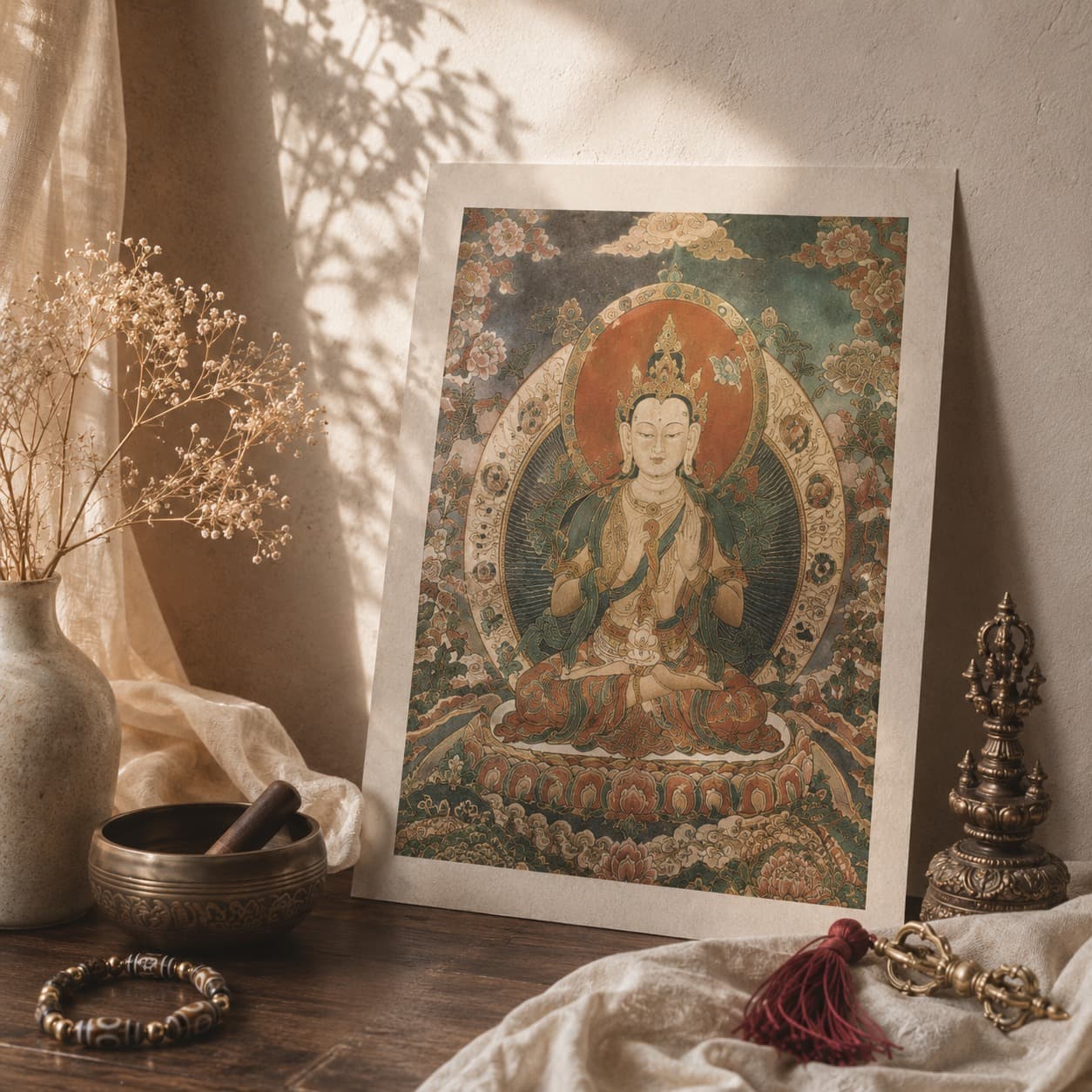 Fine art Thangka print styled as an elegant altar piece