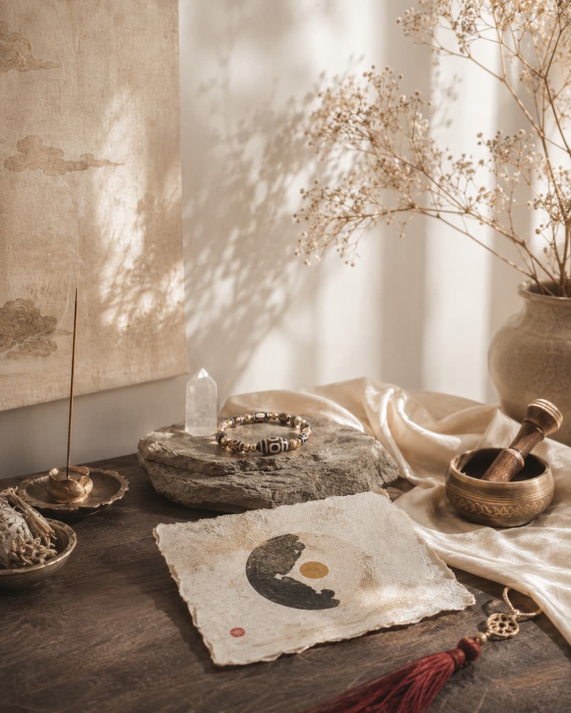 A peaceful home ritual space with wood, silk, and softly lit symbolic objects