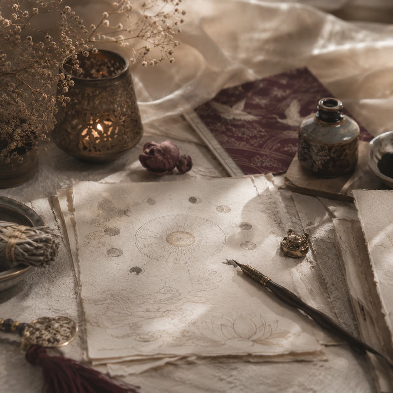 A quiet destiny reading table with symbolic divination objects