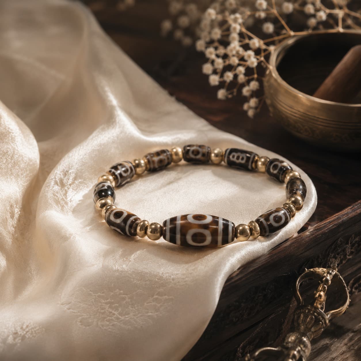Dzi bead jewelry resting on softly textured ritual cloth