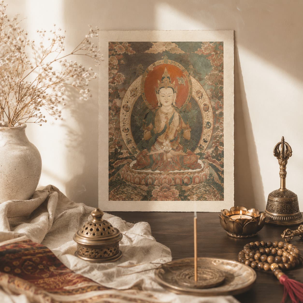 Sacred art arranged in a calm home altar setting