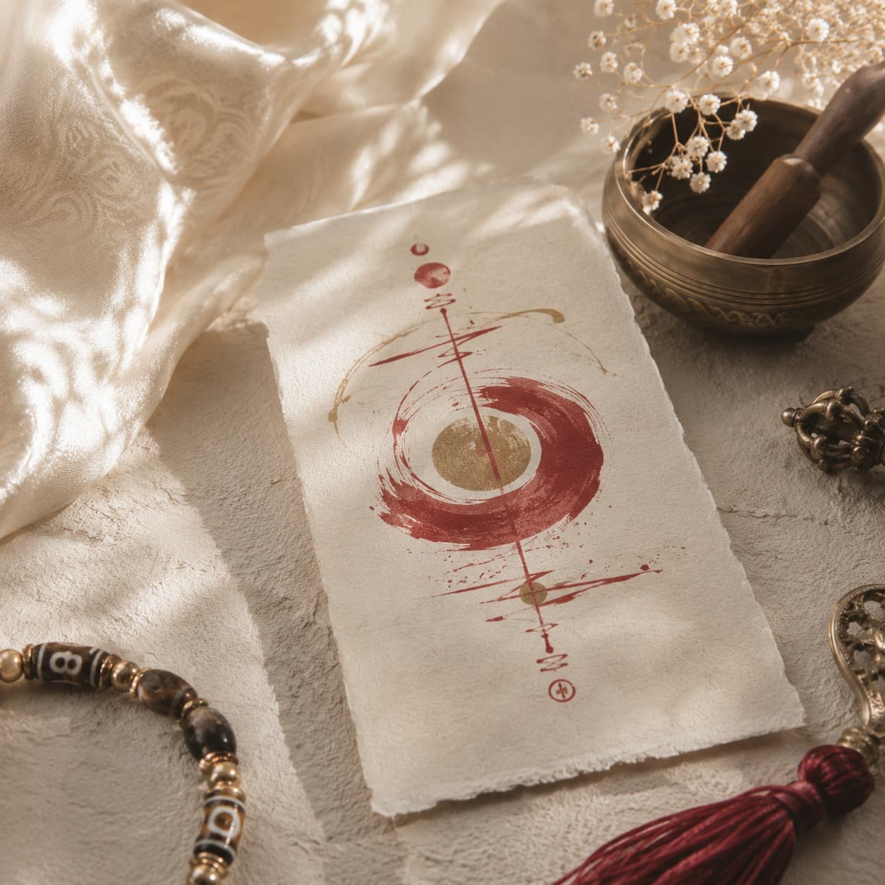 Traditional Tao talismans displayed on warm handmade paper