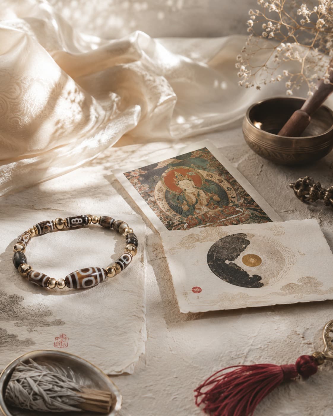 A serene Mystic Sanctuary ritual setting with symbolic objects in soft natural light
