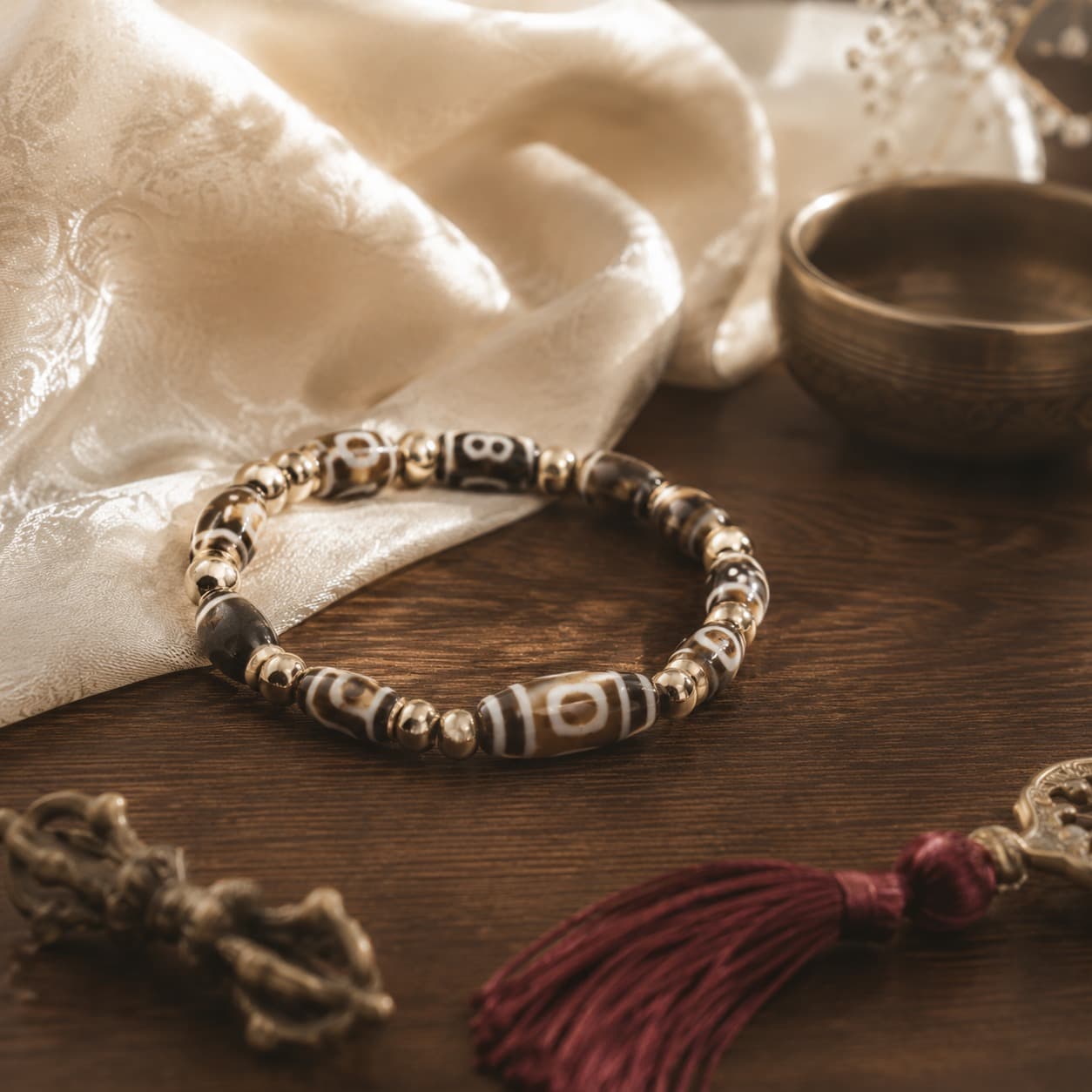 Nine-eye Dzi bead bracelet presented on ivory silk