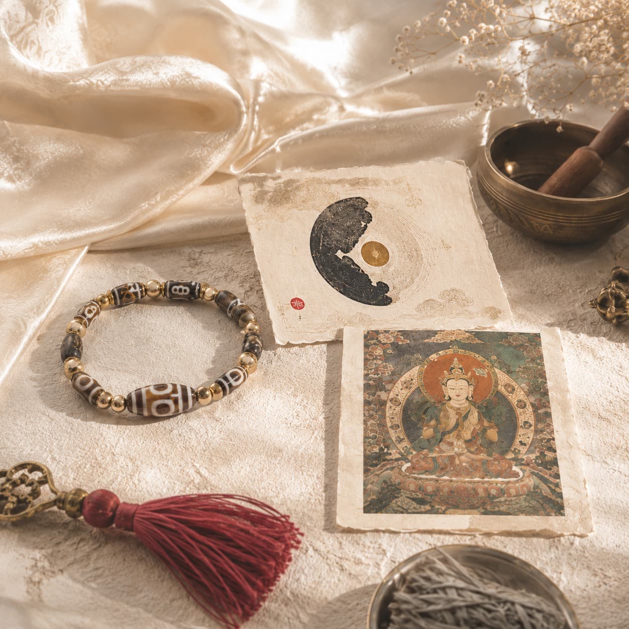 Curated spiritual ritual set with incense, paper, and symbolic objects